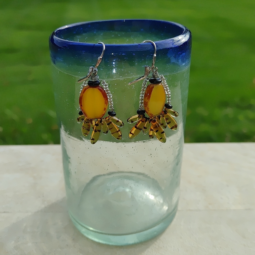 Artsy Amber and Beaded Earrings with leverback hooks (2") - Picture 7 of 9